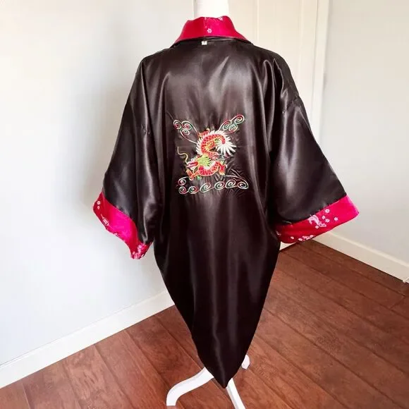 VTG Embroidered Dragon Reversible Satin Kimono Robe Asian Print Smoking Jacket S - Picture 12 of 16
